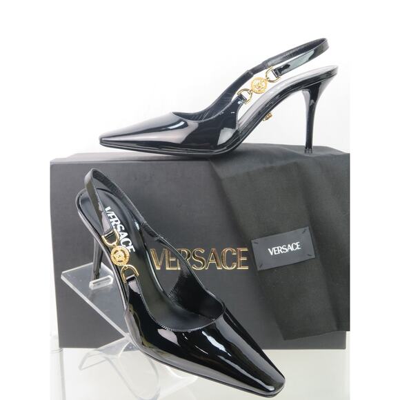 VERSACE BLACK PATENT LEATHER GOLD MEDUSA SANDALS 85 MM HEEL PUMPS 37.5 7.5 ITA - Picture 3 of 12